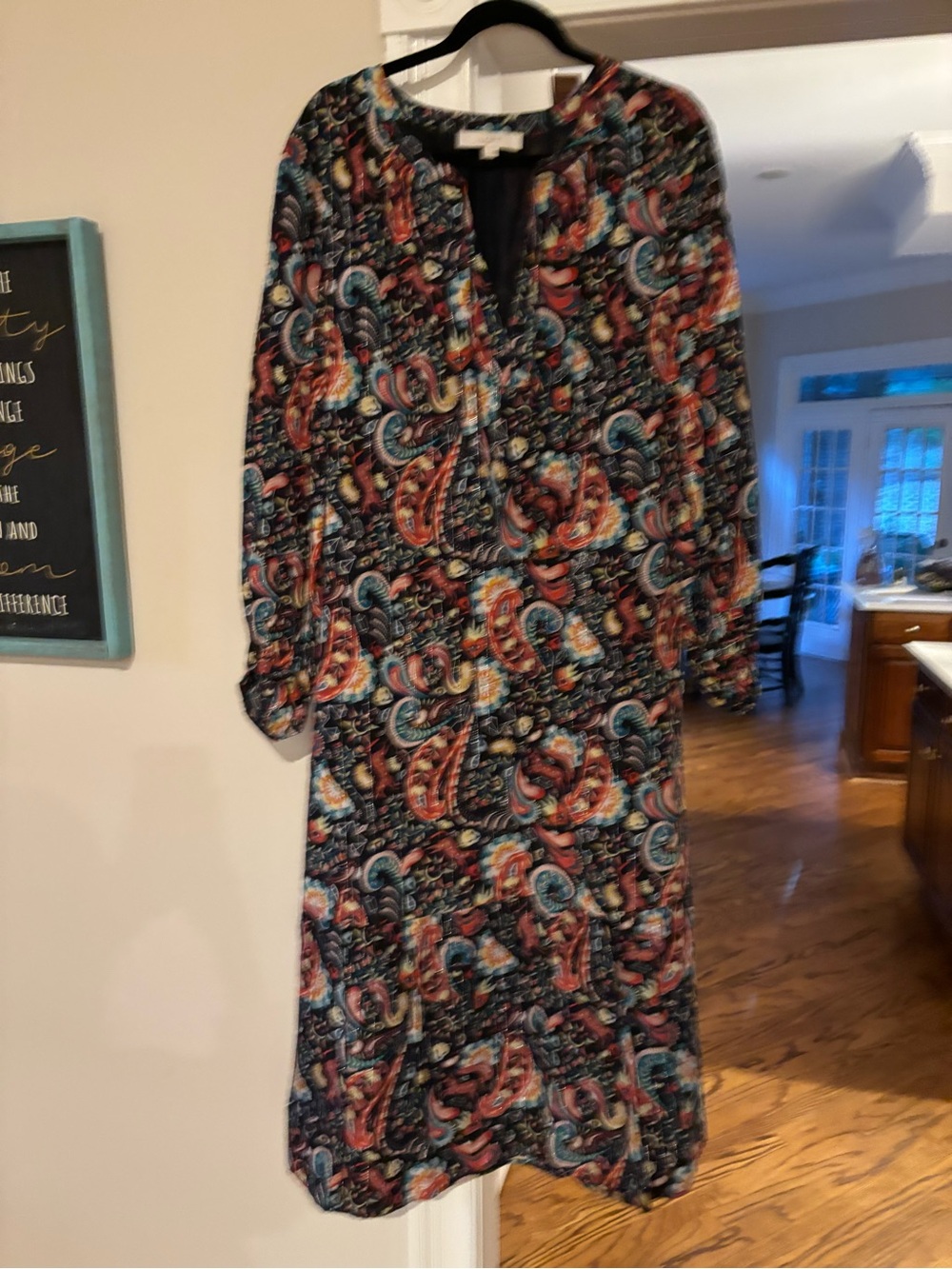 LOFT Paisley Maxi Dress in Black with Teal, Gold, Coral Accents size XL